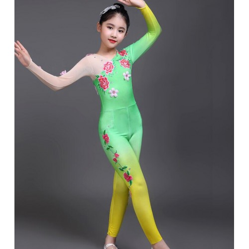 Girls Chinese ancient traditional fairy dancing costumes green yellow gradient colored for children yangko fan dancing clothes dress
